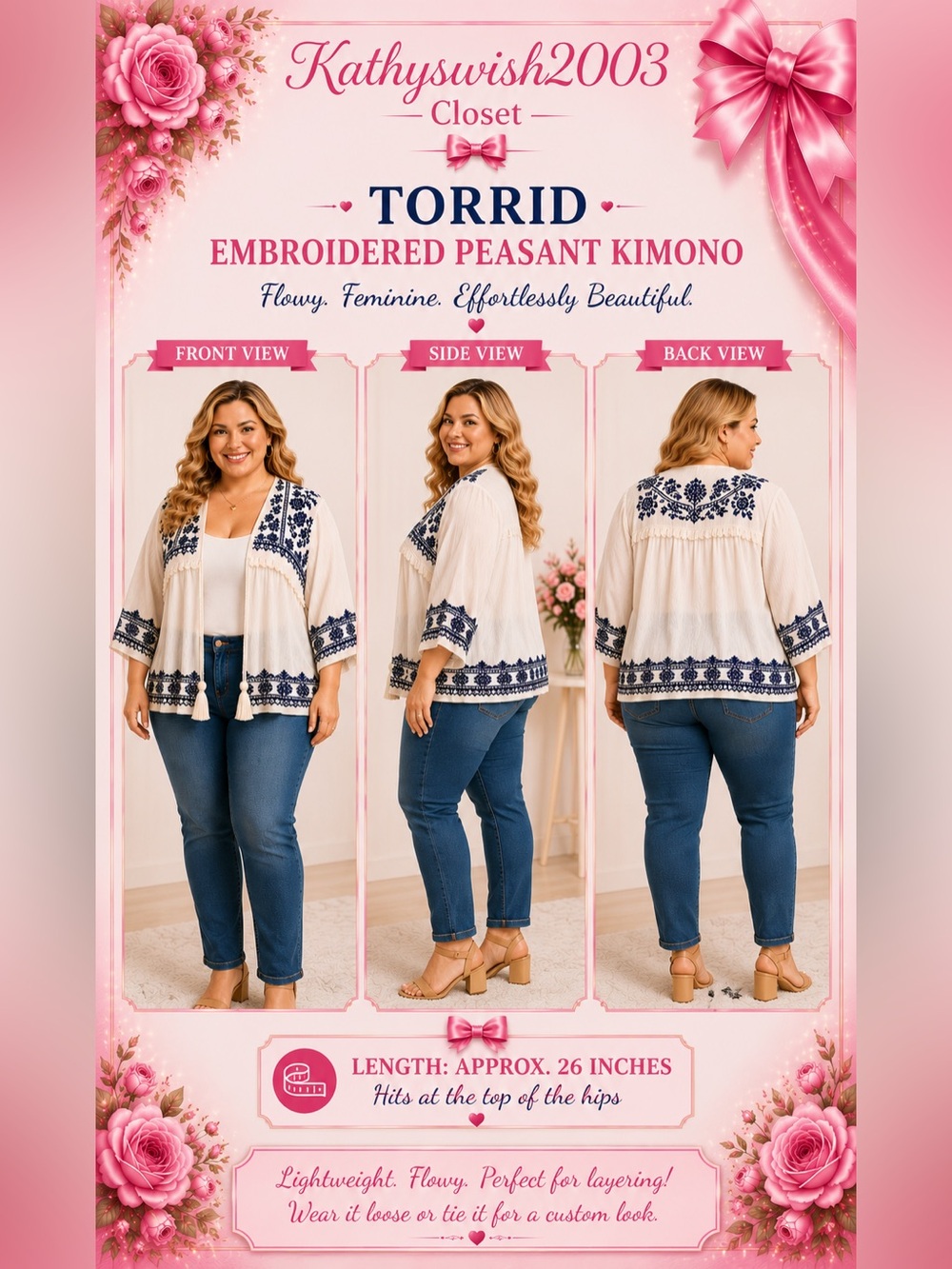 torrid White Peasant Kimono with Navy Embroidery - Picture 2 of 16